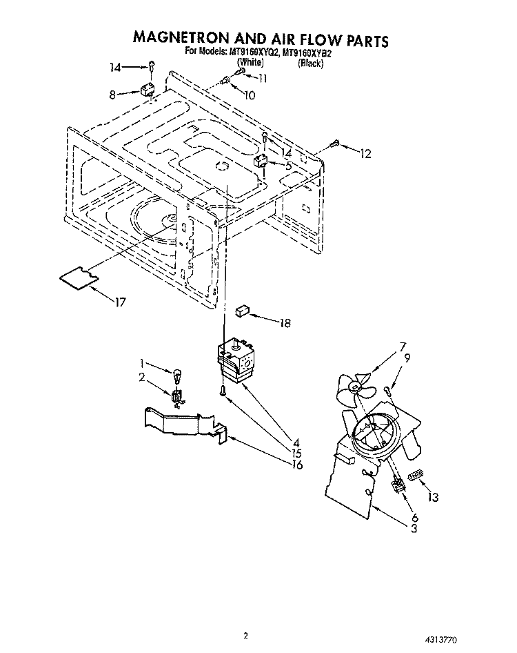 MAGNETRON AND AIR FLOW Diagram and Parts List for MT9160XYB2  Whirlpool Microwave