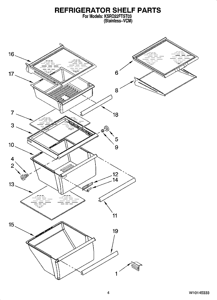 REFRIGERATOR SHELF PARTS Diagram and Parts List for KSRD22FTST03  KitchenAid Refrigerator