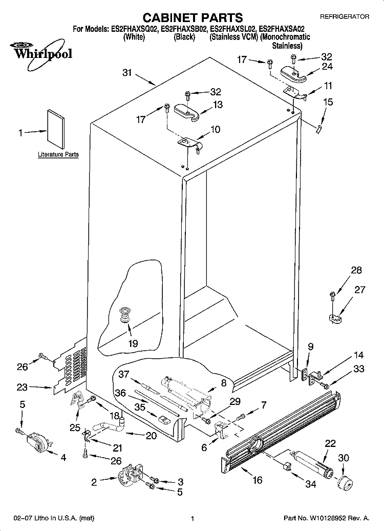 CABINET PARTS Diagram and Parts List for ES2FHAXSA02  Whirlpool Refrigerator