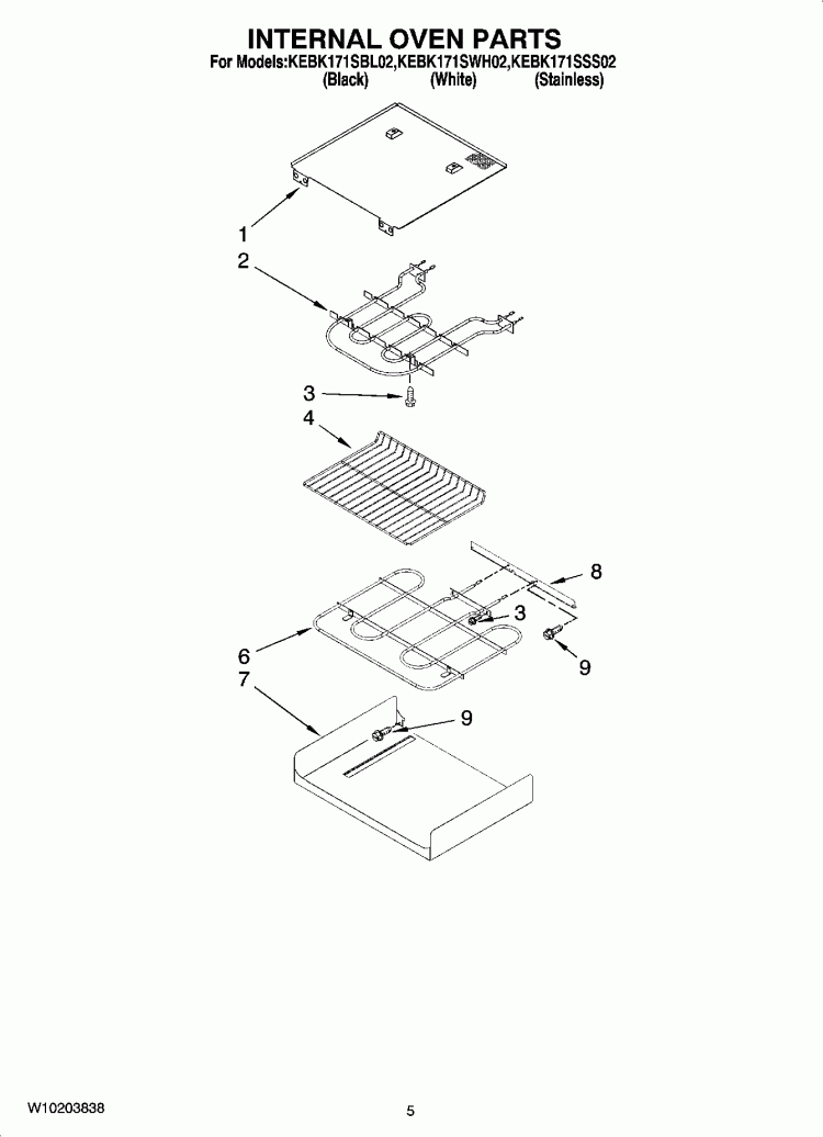 INTERNAL OVEN PARTS Diagram and Parts List for KEBK171SBL02  KitchenAid Wall Oven