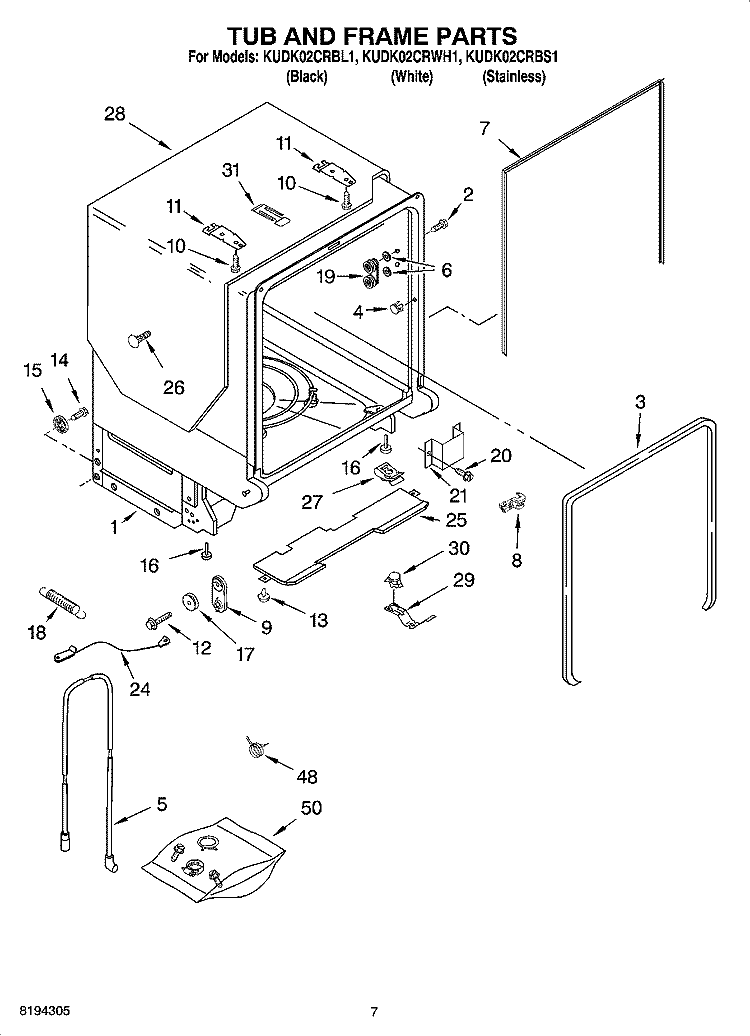 TUB AND FRAME PARTS Diagram and Parts List for KUDK02CRBS1  KitchenAid Dishwasher