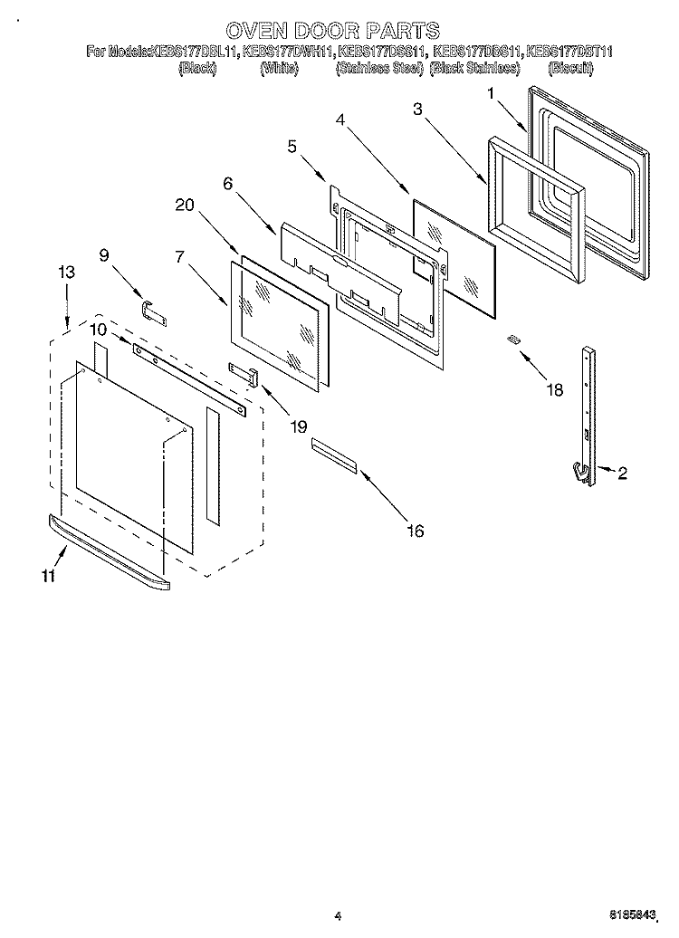 OVEN DOOR Diagram and Parts List for KEBS177DBL11  KitchenAid Wall Oven