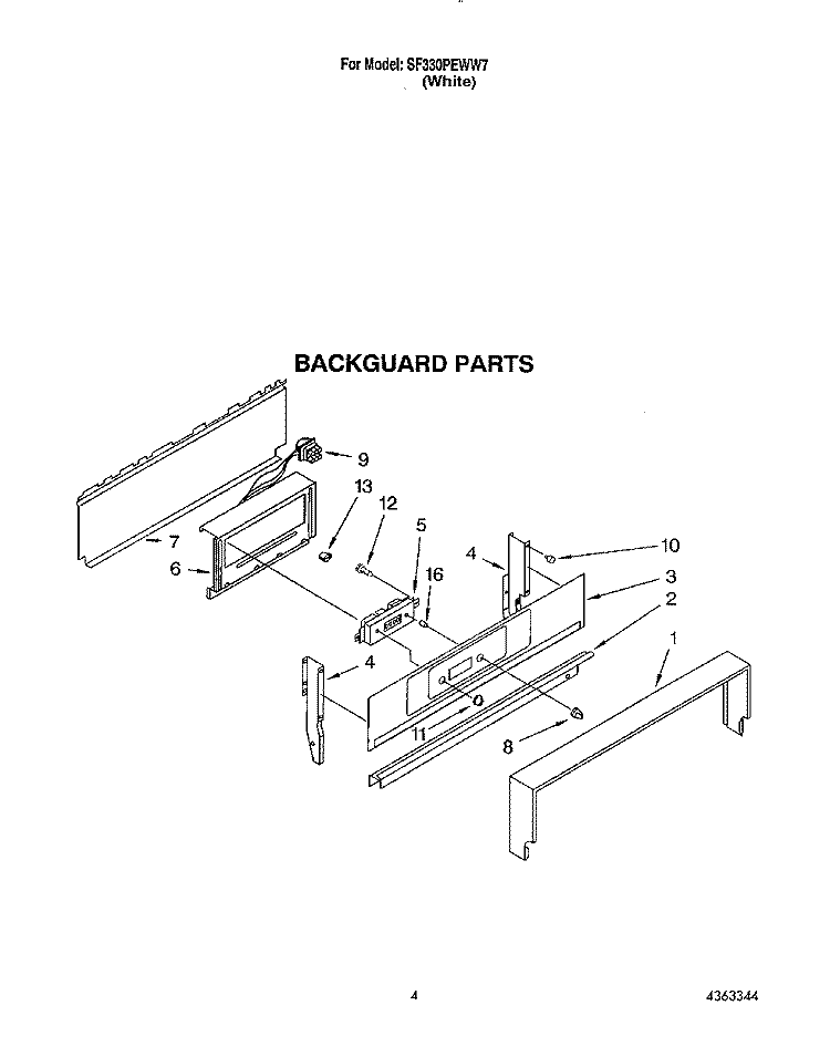 BACKGUARD Diagram and Parts List for SF330PEWW7  Whirlpool Range