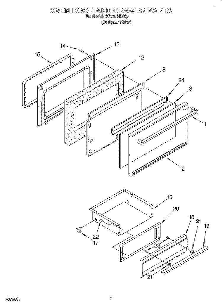 OVEN DOOR AND DRAWER Diagram and Parts List for SF365BEYQ7  Whirlpool Range