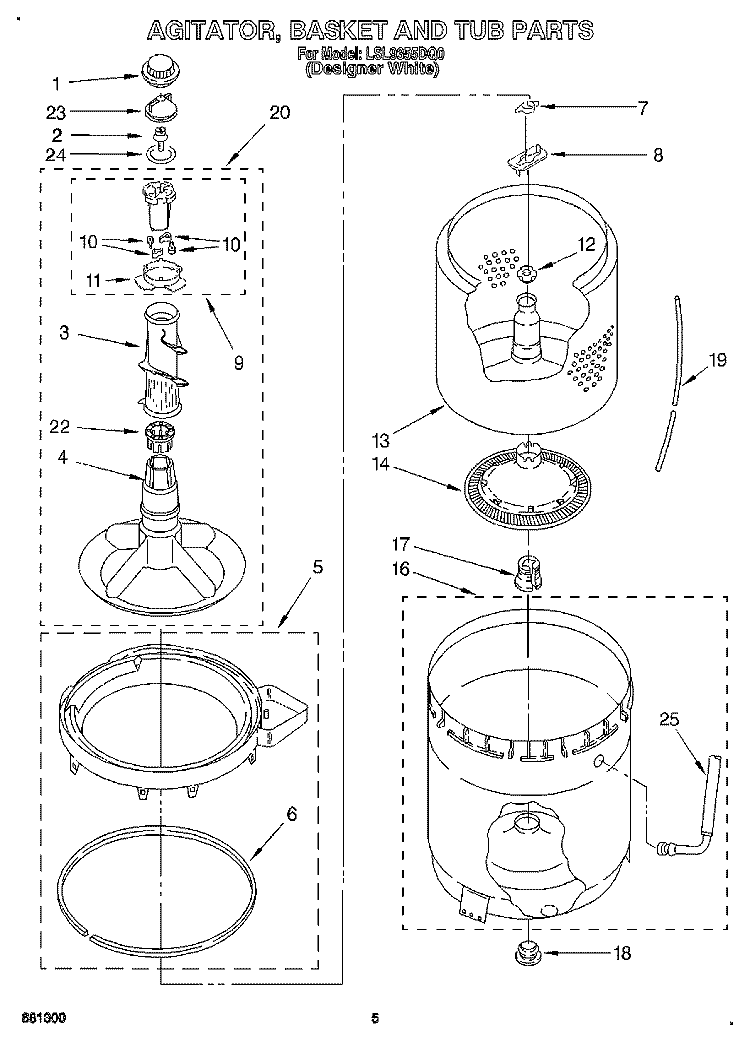 AGITATOR, BASKET AND TUB Diagram and Parts List for LSL9355DQ0  Whirlpool Washer