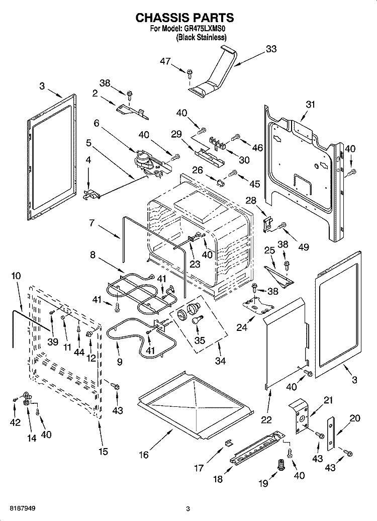CHASSIS PARTS Diagram and Parts List for GR475LXMS0  Whirlpool Range