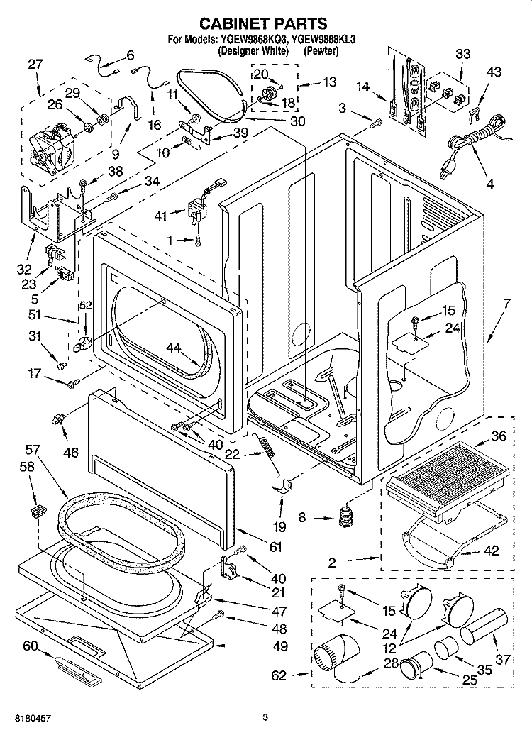 CABINET PARTS Diagram and Parts List for YGEW9868KL3  Whirlpool Dryer