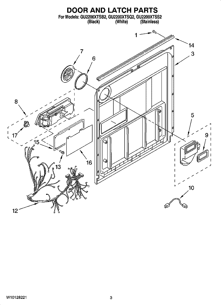 DOOR AND LATCH PARTS Diagram and Parts List for GU2200XTSQ2  Whirlpool Dishwasher