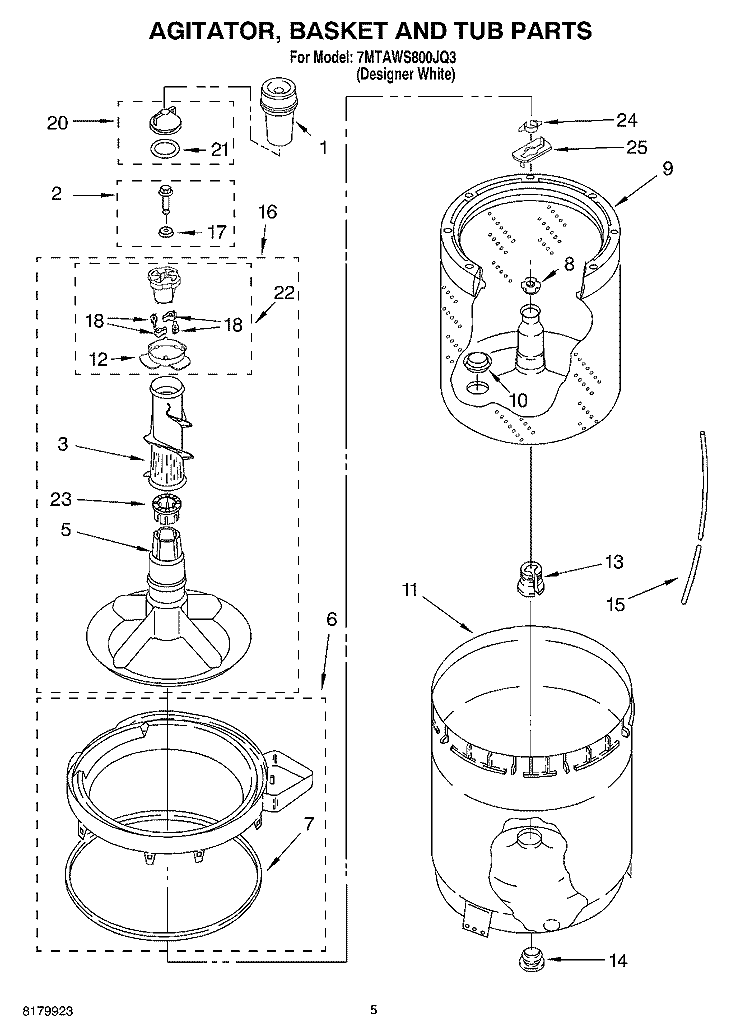 CONTROLS AND REAR PANEL, AGITATOR, Diagram and Parts List for 7MTAWS800JQ3  Whirlpool Washer