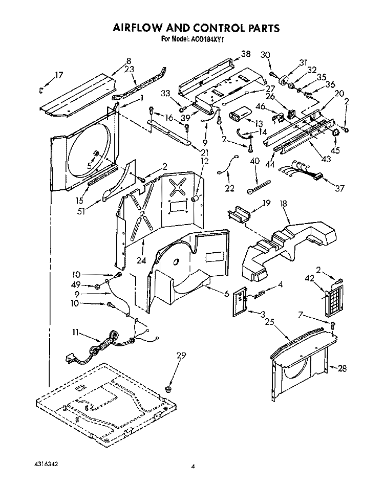 AIRFLOW AND CONTROL Diagram and Parts List for ACQ184XY1  Whirlpool Air Conditioner