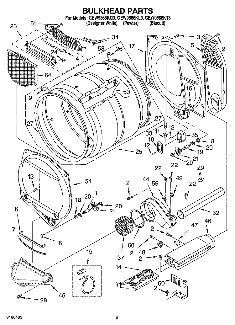 BULKHEAD PARTS Diagram and Parts List for GEW9868KL3  Whirlpool Dryer