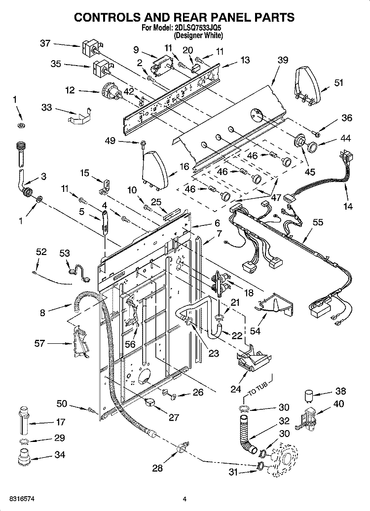 CONTROLS AND REAR PANEL PARTS Diagram and Parts List for 2DLSQ7533JQ5  Whirlpool Washer