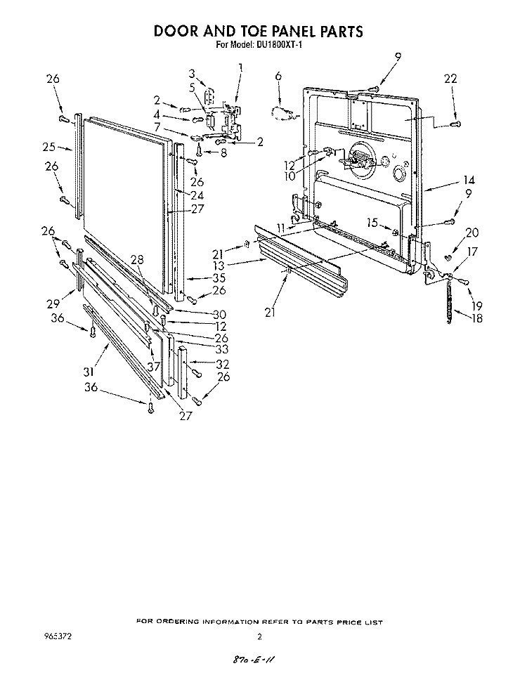 DOOR AND TOE PANEL Diagram and Parts List for DU1800XT1  Whirlpool Dishwasher
