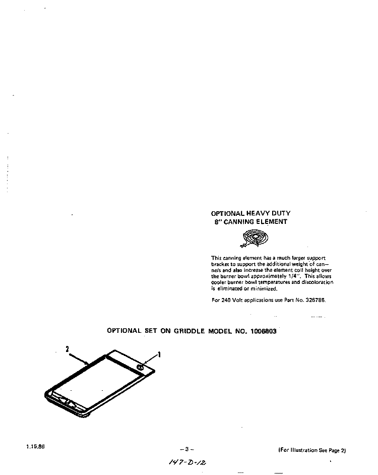 CANNING ELEMENT , GRIDDLE Diagram and Parts List for 2424W0A  Roper Range