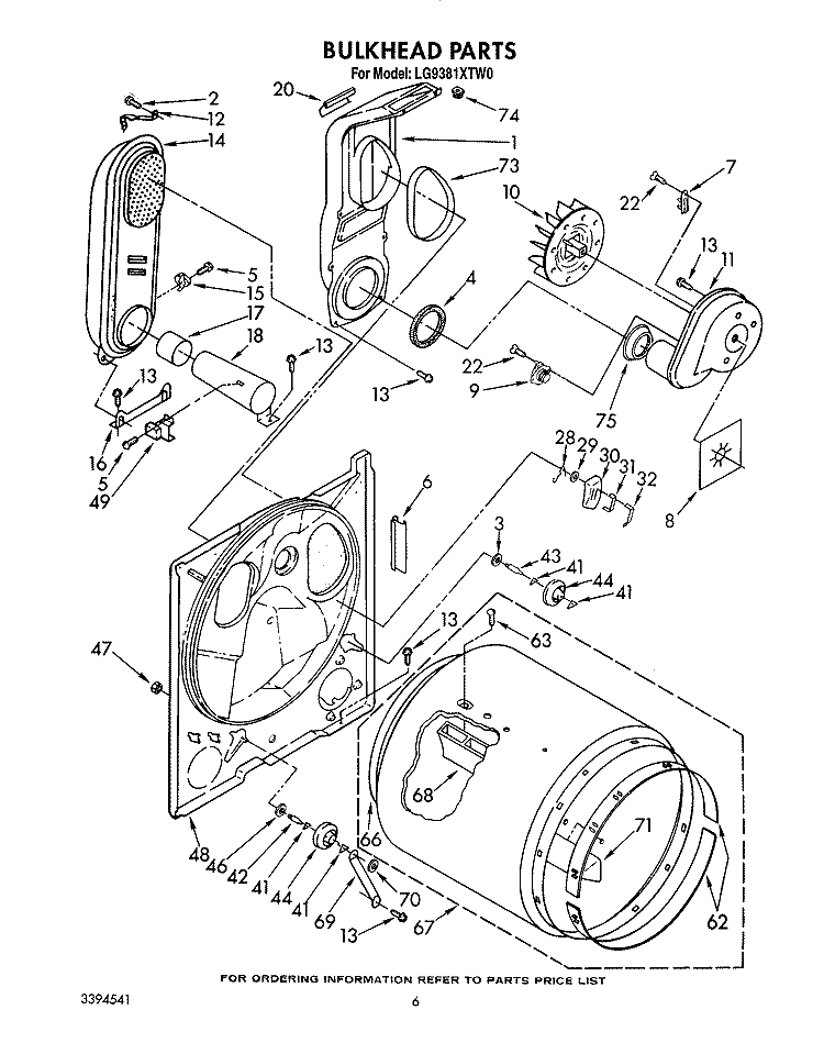 BULKHEAD Diagram and Parts List for LG9381XTW0  Whirlpool Dryer