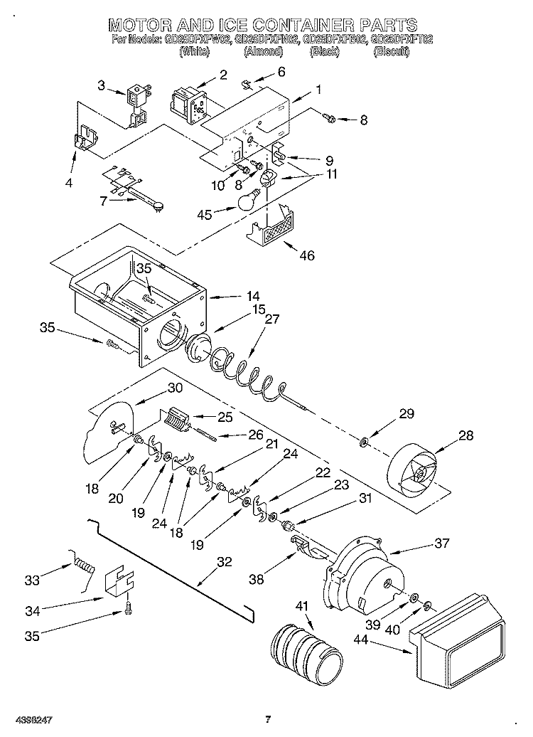 MOTOR AND ICE CONTAINER Diagram and Parts List for GD25DFXFB02  Whirlpool Refrigerator