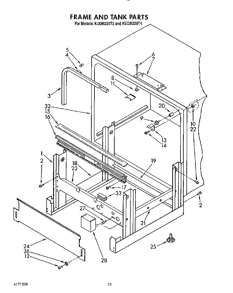 FRAME AND TANK Diagram and Parts List for KUDB220T3  KitchenAid Dishwasher
