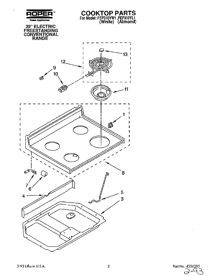 COOKTOP, LIT/OPTIONAL Diagram and Parts List for FEP310YW1  Roper Range