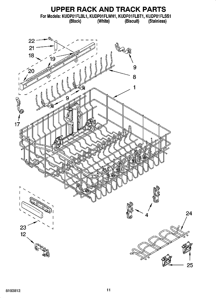 UPPER RACK AND TRACK PARTS Diagram and Parts List for KUDP01FLSS1  KitchenAid Dishwasher