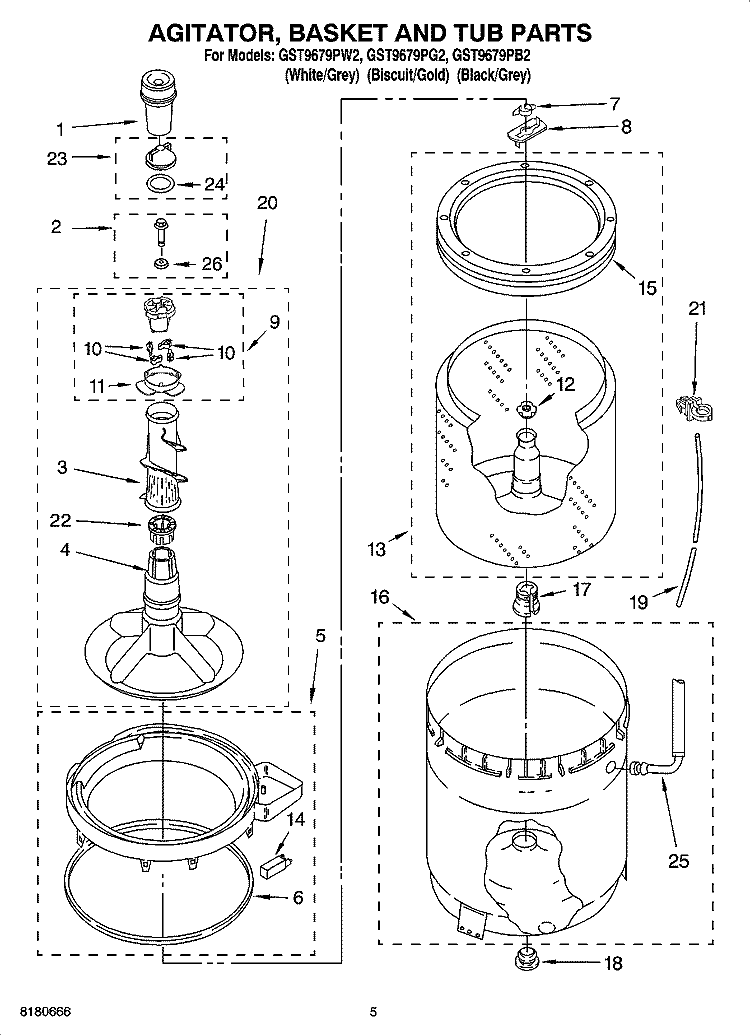 AGITATOR, BASKET AND TUB PARTS Diagram and Parts List for GST9679PG2  Whirlpool Washer