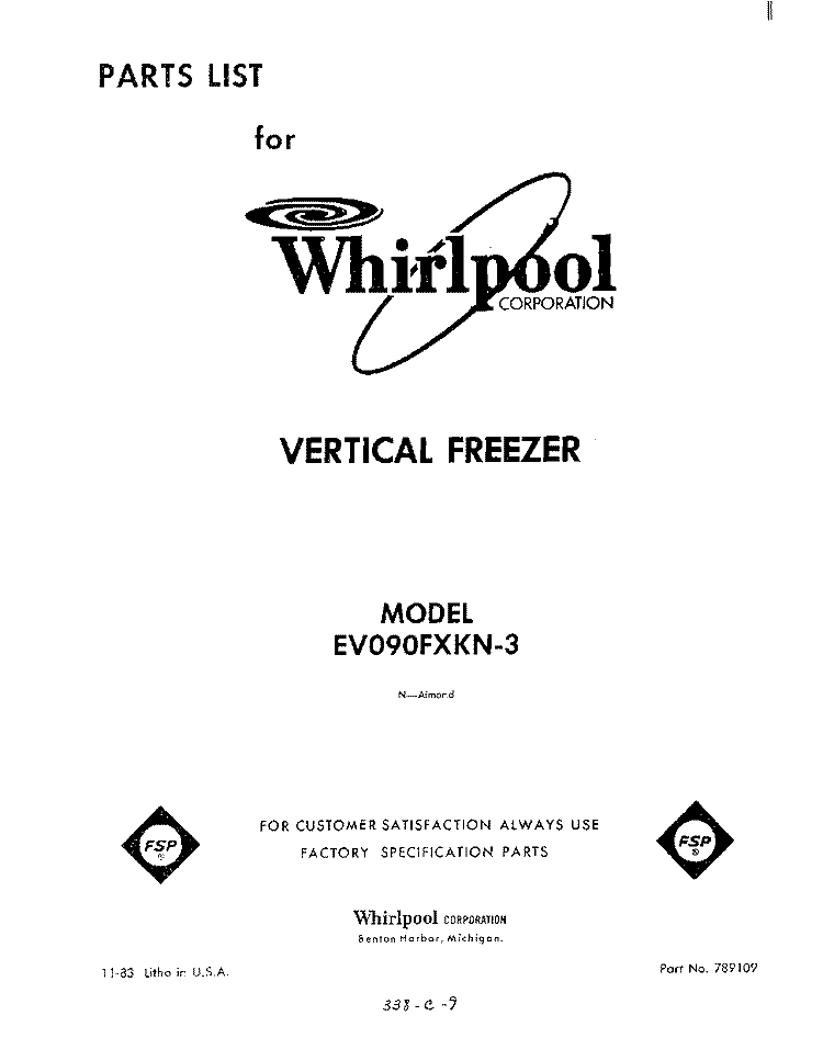 SECTION Diagram and Parts List for EV090FXKN3  Whirlpool Freezer