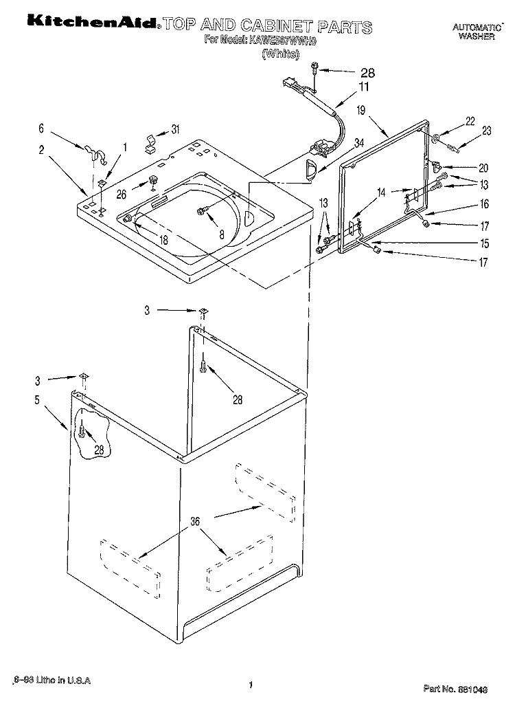TOP AND CABINET, LIT/OPTIONAL Diagram and Parts List for KAWE567WWH0  KitchenAid Washer