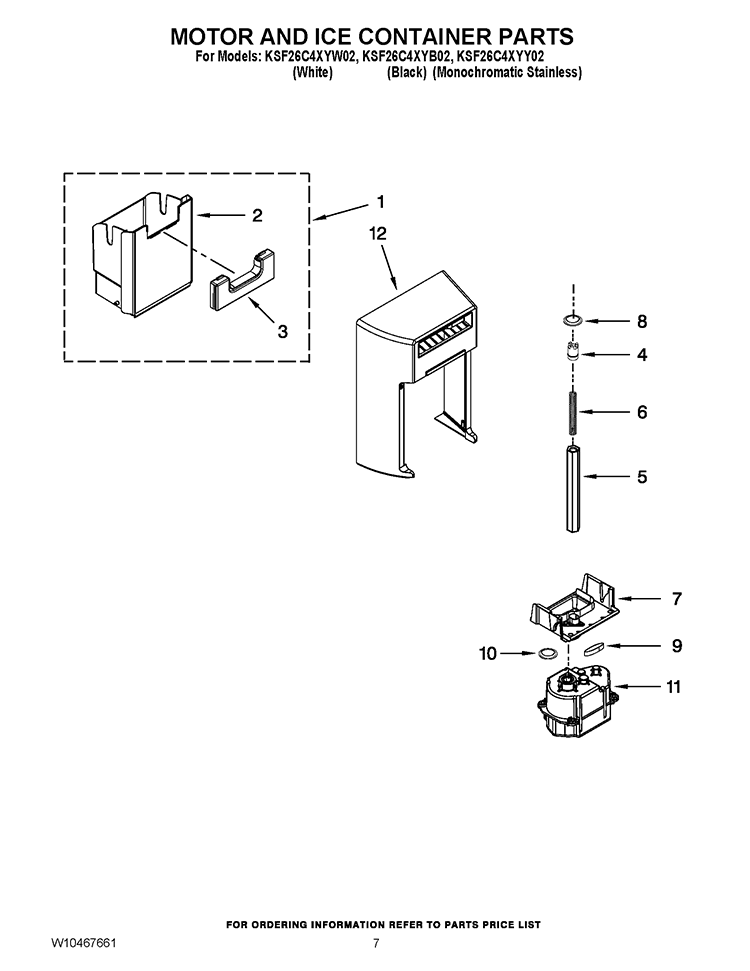 MOTOR AND ICE CONTAINER PARTS Diagram and Parts List for KSF26C4XYB02  KitchenAid Refrigerator