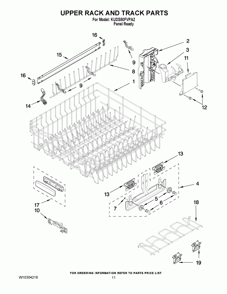 UPPER RACK AND TRACK PARTS Diagram and Parts List for KUDS50FVPA2  KitchenAid Dishwasher