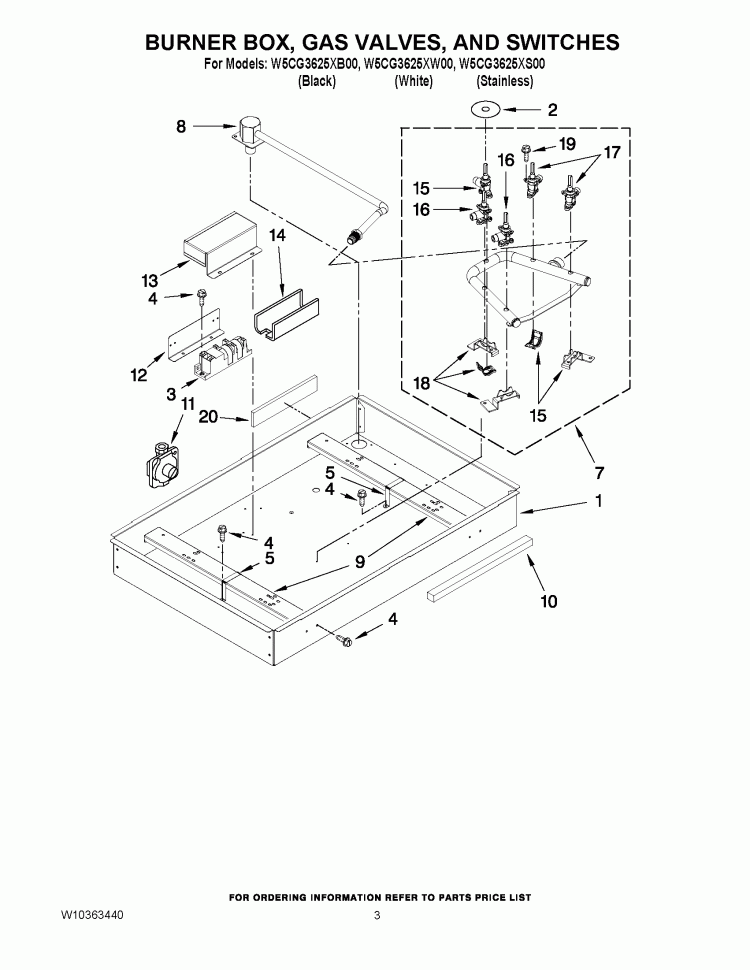 BURNER BOX, GAS VALVES, AND SWITCHES Diagram and Parts List for W5CG3625XB00  Whirlpool Cooktop