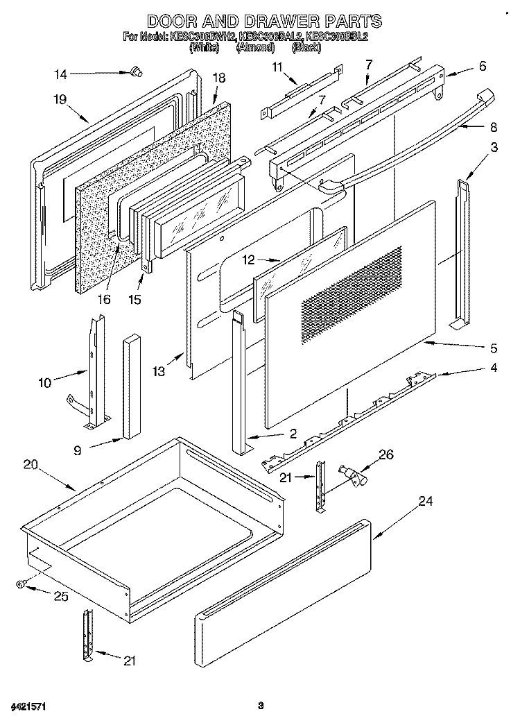 DOOR AND DRAWER Diagram and Parts List for KESC300BAL2  KitchenAid Range