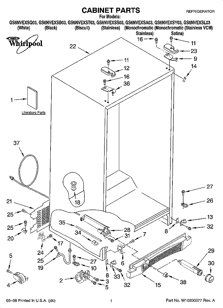 CABINET PARTS Diagram and Parts List for GS6NVEXST03  Whirlpool Refrigerator