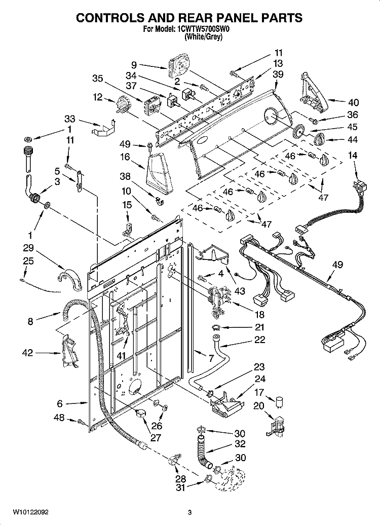 CONTROLS AND REAR PANEL PARTS Diagram and Parts List for 1CWTW5700SW0  Whirlpool Washer