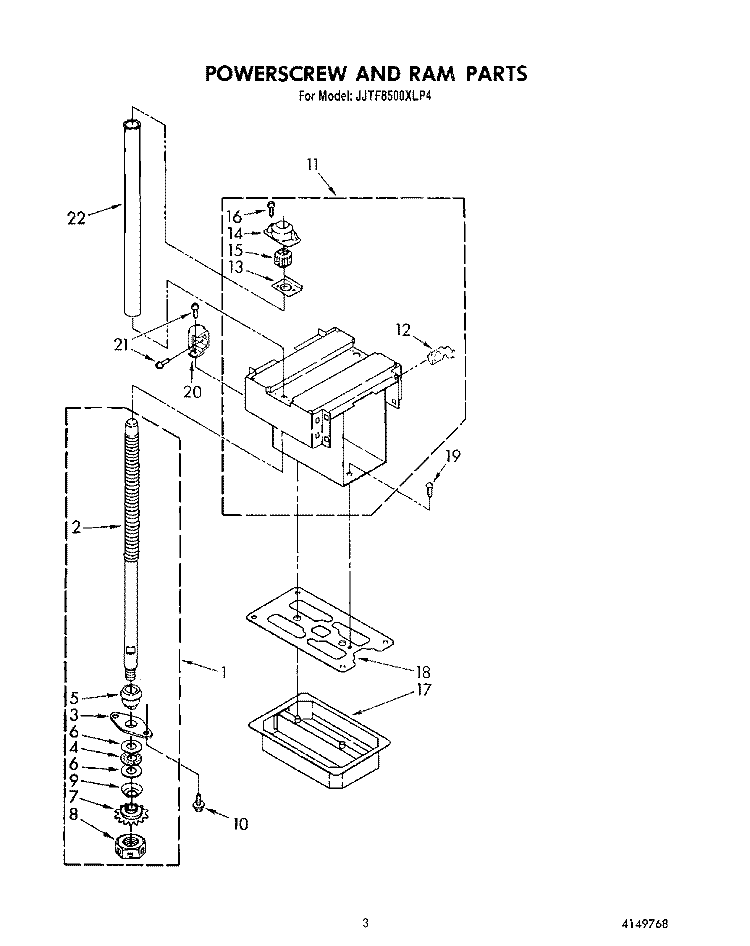 POWERSCREW AND RAM Diagram and Parts List for JJTF8500XLP4  Whirlpool Trash Compactor