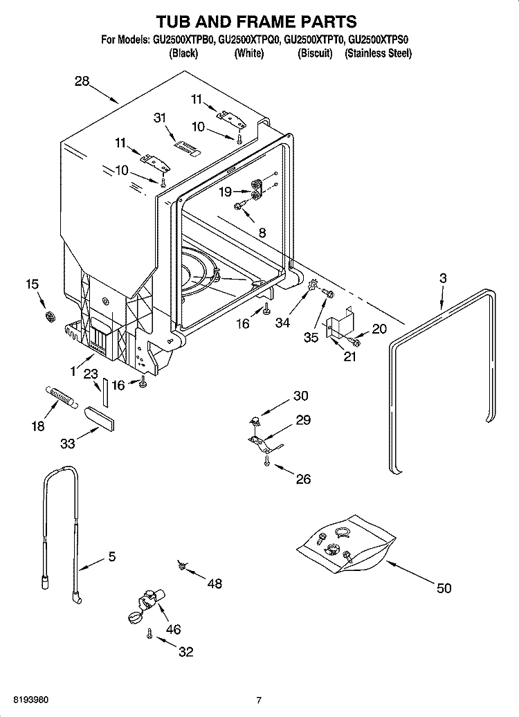 TUB AND FRAME PARTS Diagram and Parts List for GU2500XTPS0  Whirlpool Dishwasher