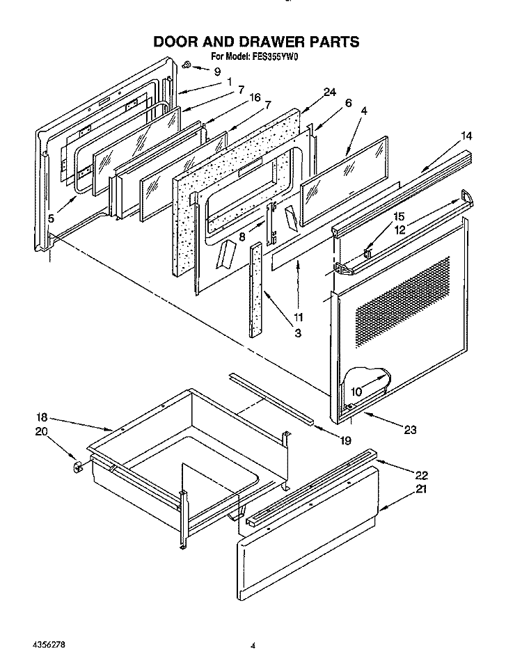 DOOR AND DRAWER Diagram and Parts List for FES355YW0  Roper Range