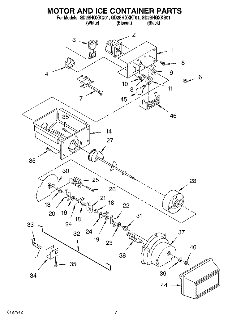 MOTOR AND ICE CONTAINER Diagram and Parts List for GD2SHGXKQ01  Whirlpool Refrigerator