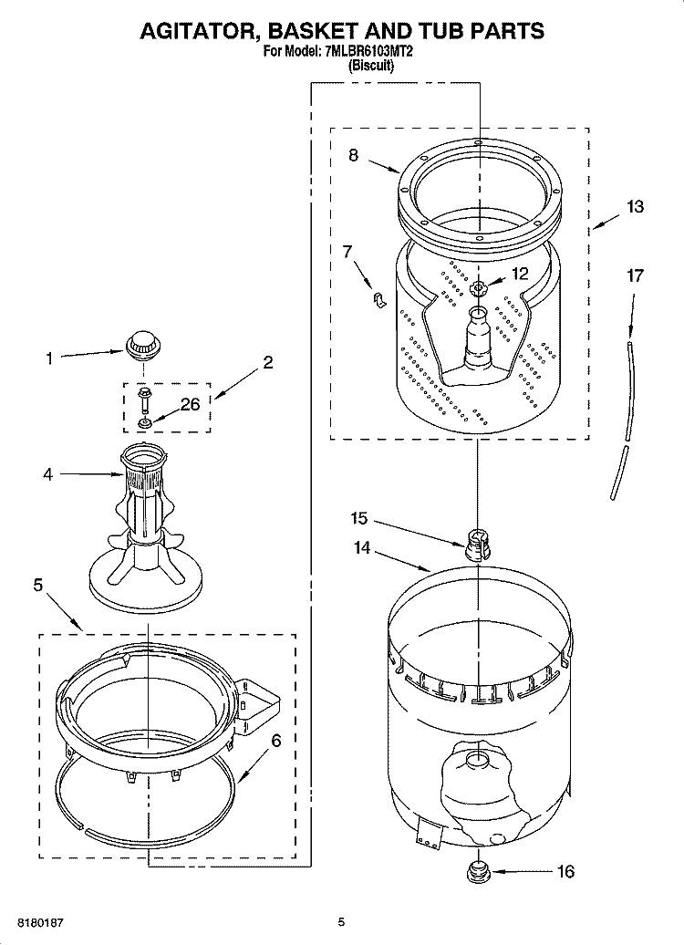 AGITATOR, BASKET AND TUB PARTS Diagram and Parts List for 7MLBR6103MT2  Whirlpool Washer