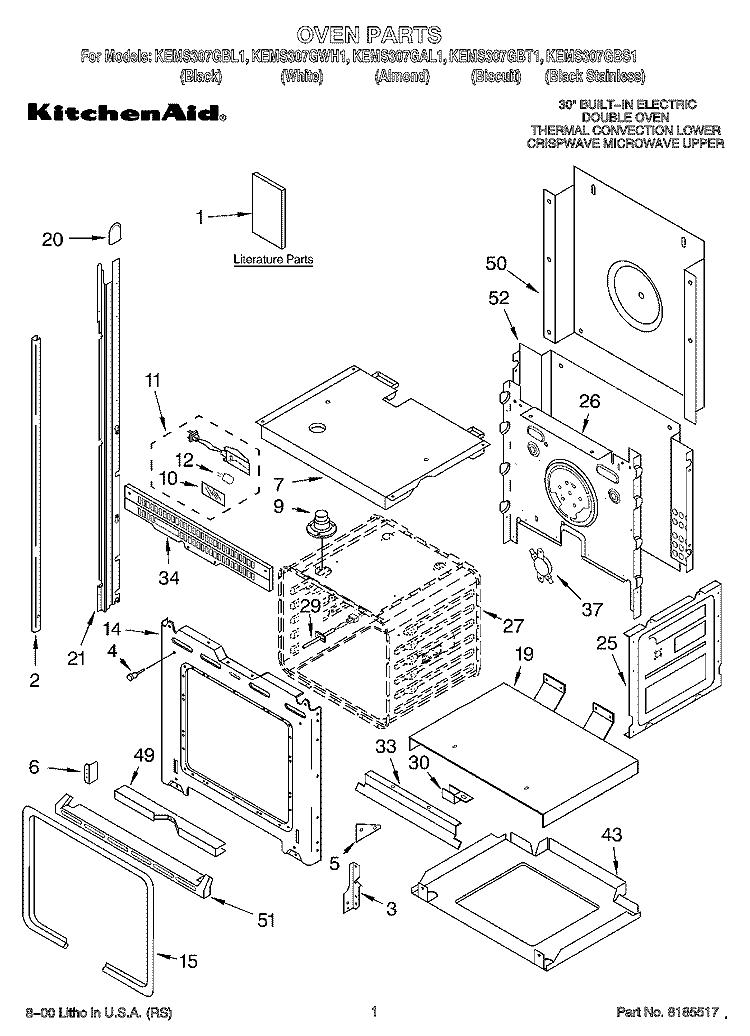 OVEN, LITERATURE Diagram and Parts List for KEMS307GBS1  KitchenAid Microwave Oven Combo