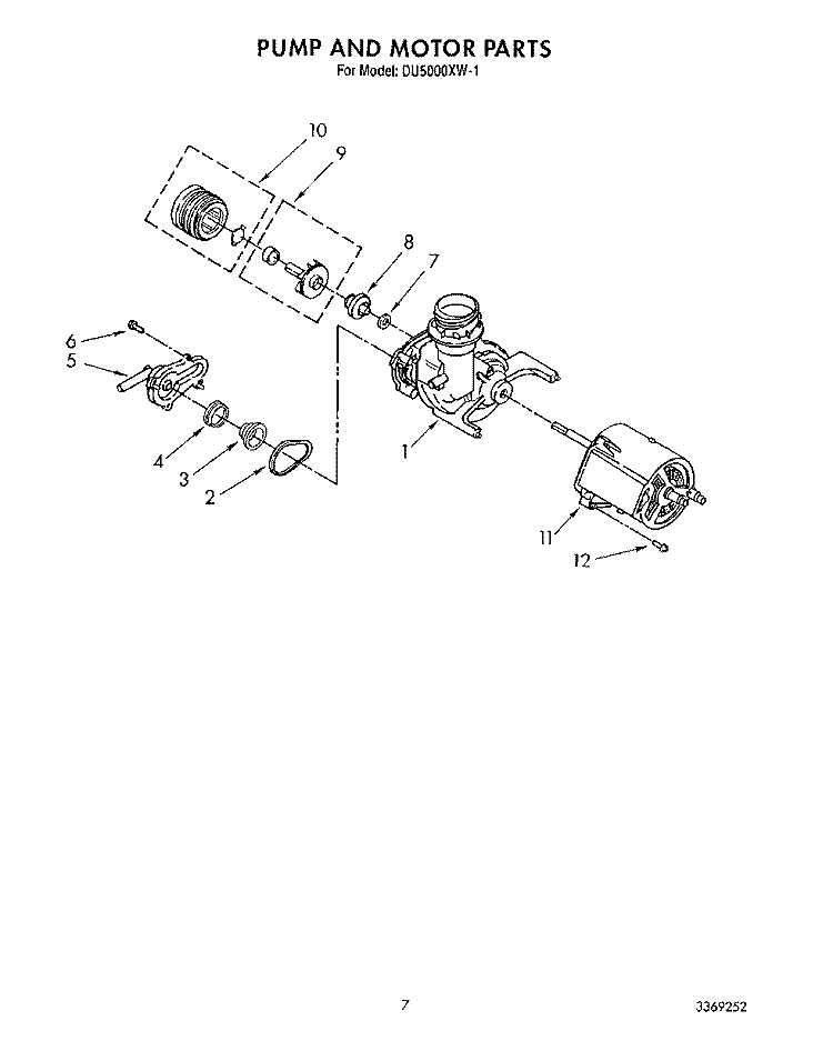 PUMP AND MOTOR Diagram and Parts List for DU5000XW1  Whirlpool Dishwasher