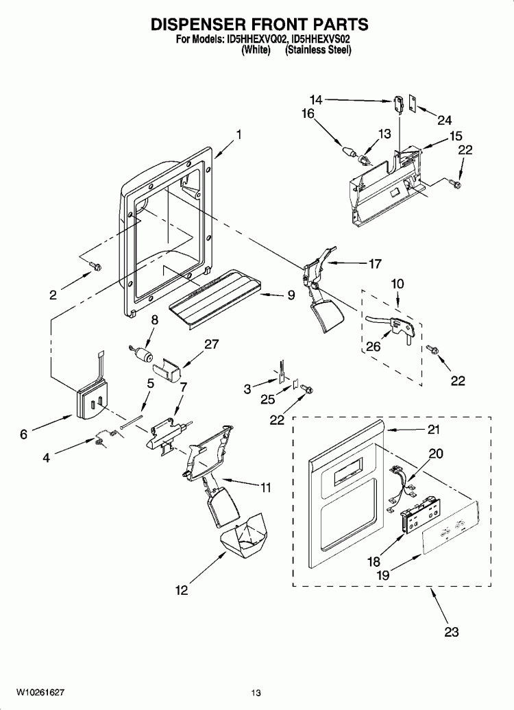 DISPENSER FRONT PARTS Diagram and Parts List for ID5HHEXVQ02  Whirlpool Refrigerator