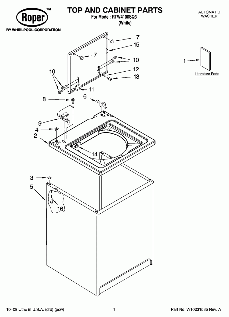 TOP AND CABINET PARTS Diagram and Parts List for RTW4100SQ3  Roper Washer