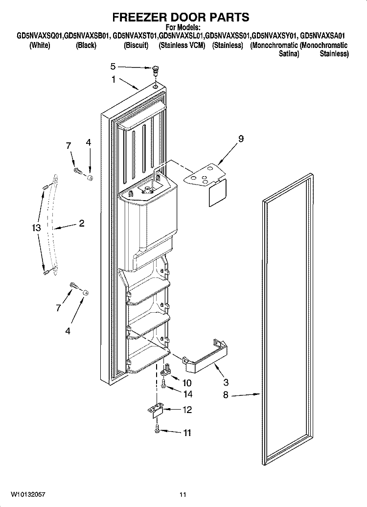 FREEZER DOOR PARTS Diagram and Parts List for GD5NVAXSL01  Whirlpool Refrigerator