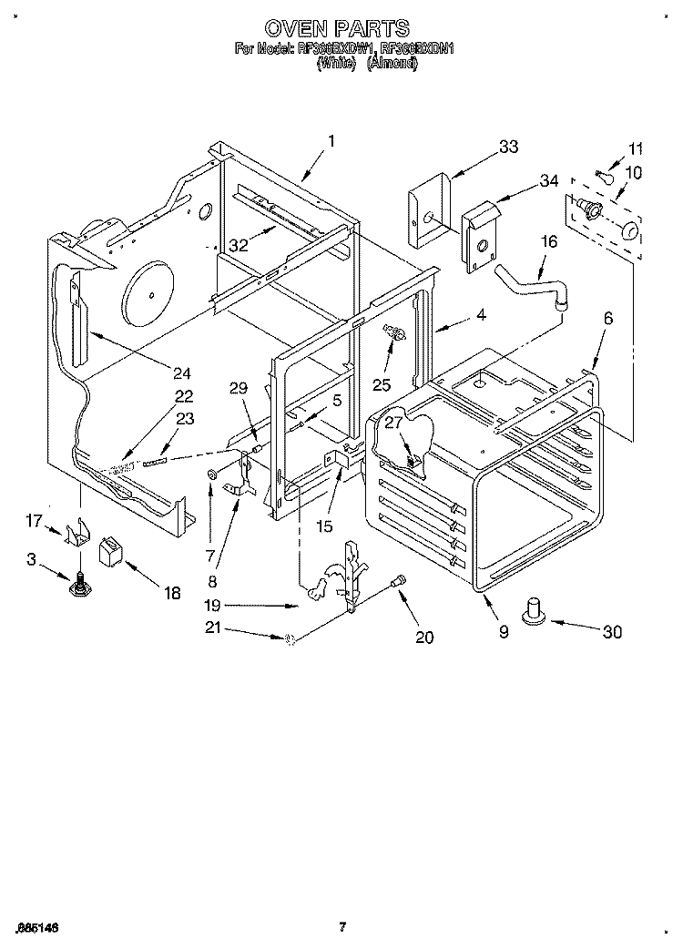 OVEN Diagram and Parts List for RF366BXDW1  Whirlpool Range