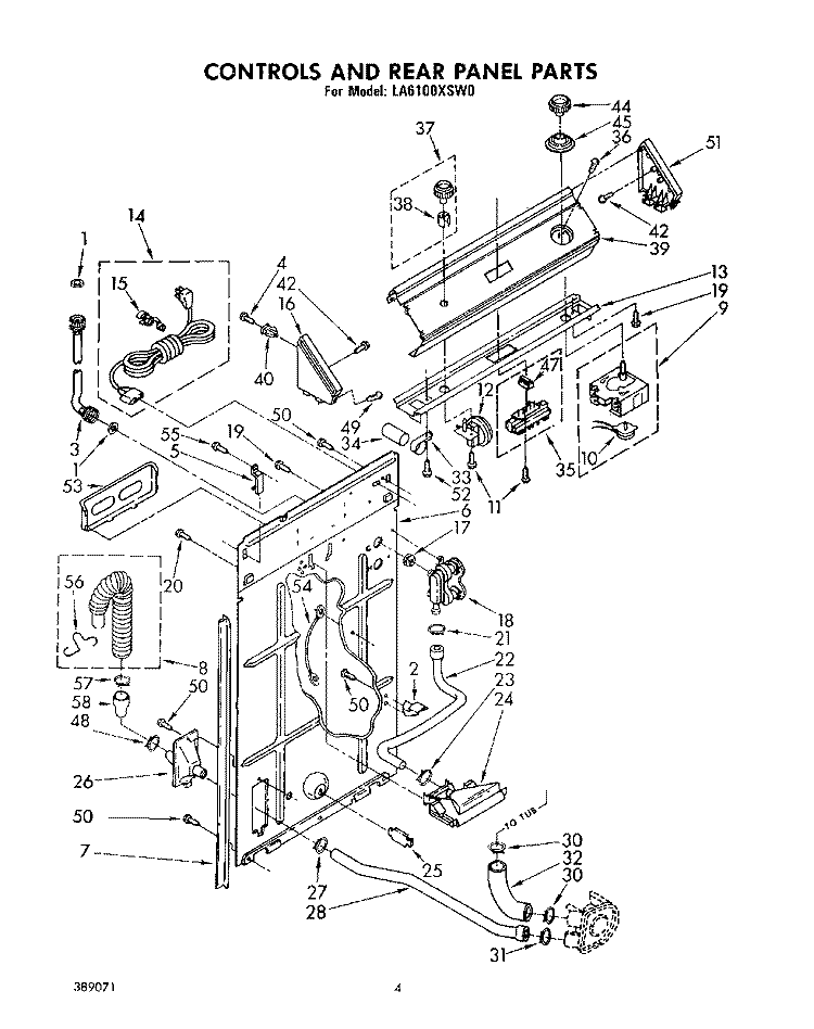 CONTROLS AND REAR PANEL Diagram and Parts List for LA6100XSW0  Whirlpool Washer