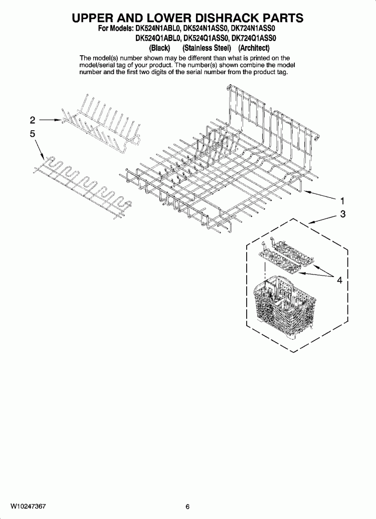 UPPER AND LOWER DISHRACK PARTS Diagram and Parts List for DK524N1ABL0  Whirlpool Dishwasher