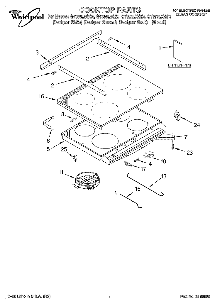 COOKTOP, LITERATURE Diagram and Parts List for GY396LXGT4  Whirlpool Range