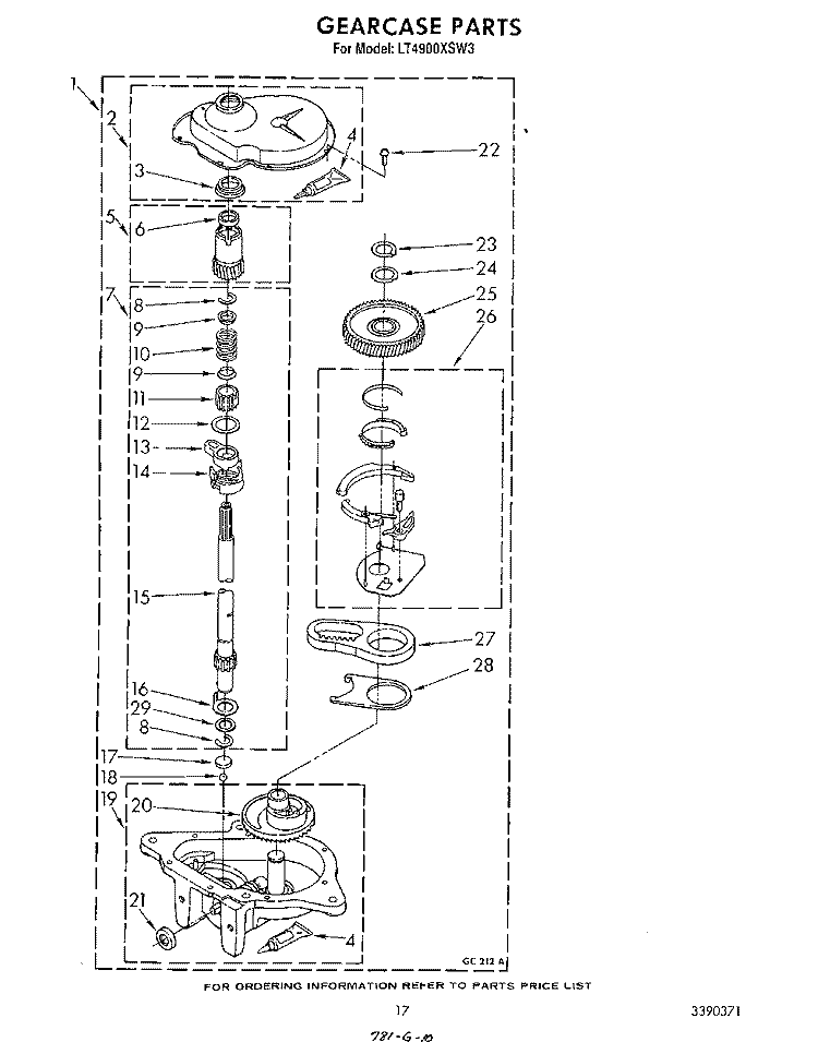 GEARCASE Diagram and Parts List for LT4900XSW3  Whirlpool Washer Dryer Combo