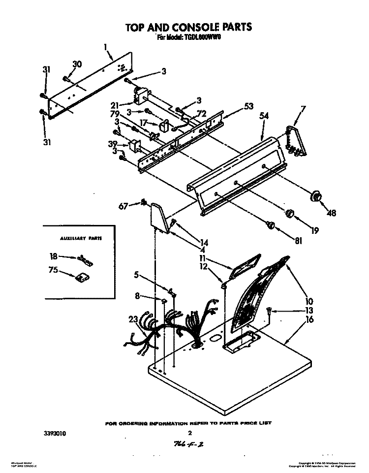 TOP AND CONSOLE, LITERATURE AND OPTIONAL Diagram and Parts List for TGDL600WW0  Whirlpool Dryer