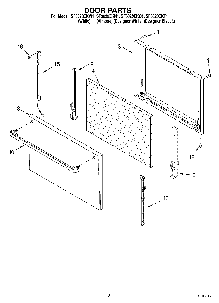 DOOR PARTS, MISCELLANEOUS PARTS Diagram and Parts List for SF3020EKQ1  Whirlpool Range