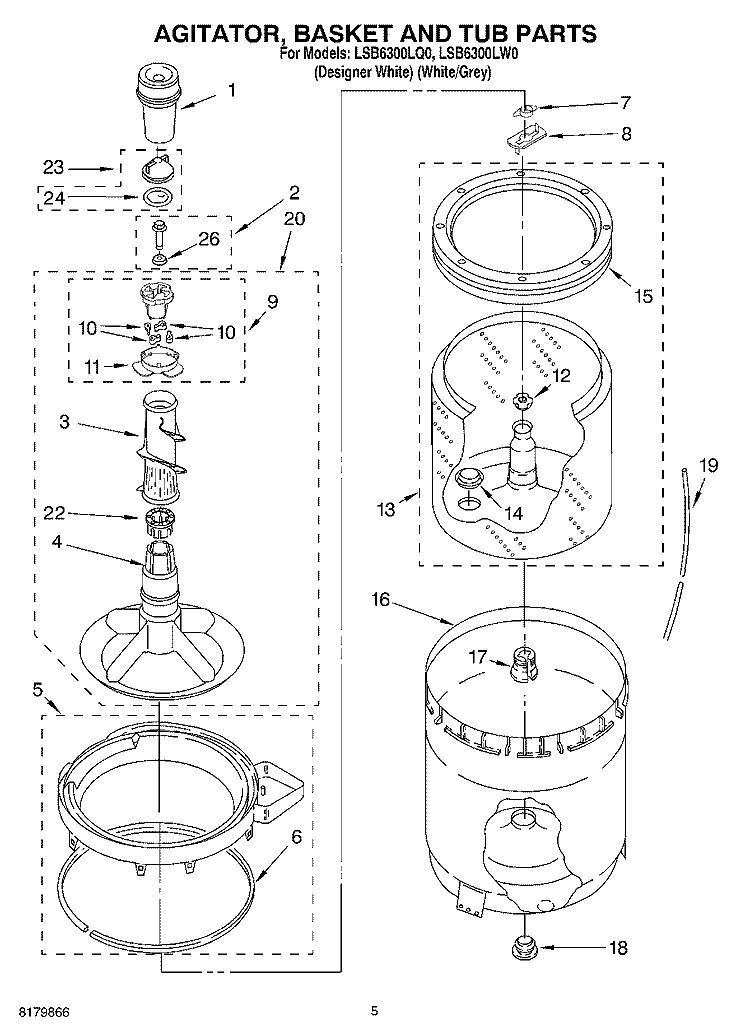 AGITATOR, BASKET AND TUB Diagram and Parts List for LSB6300LW0  Whirlpool Washer